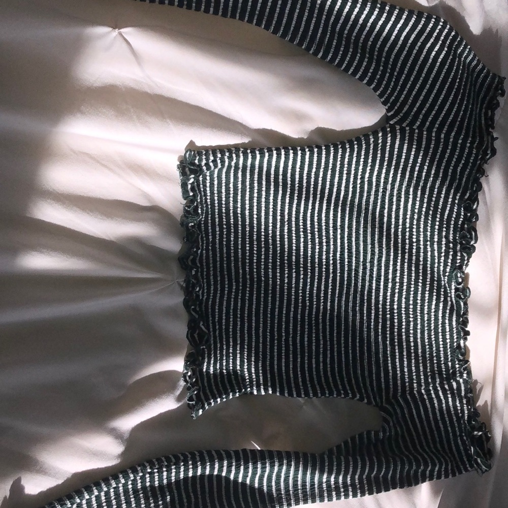Green Striped Long Sleeve Crop Top